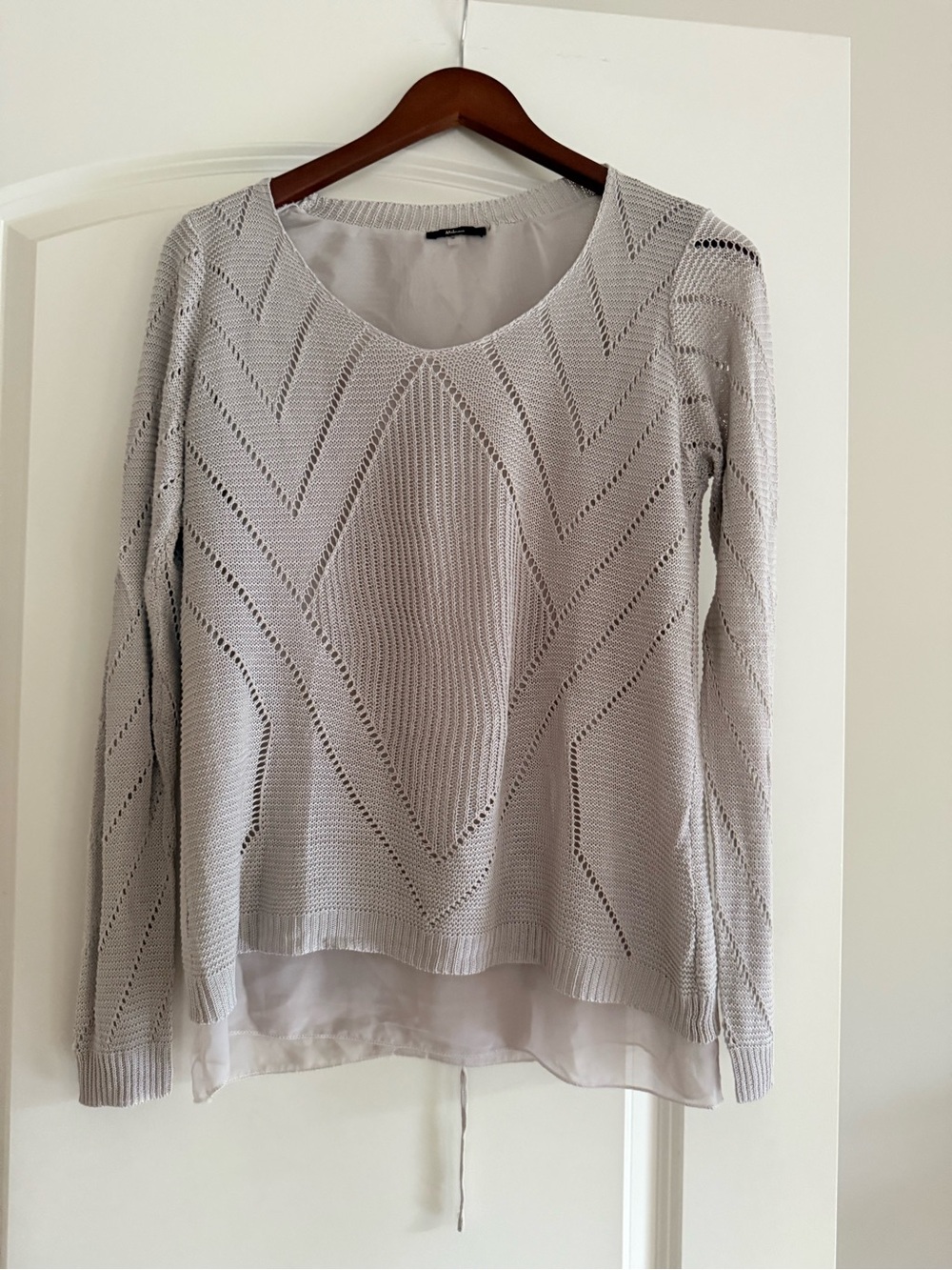 Milano Light Gray Open-Knit Scoop Neck Sweater with Sheer Hem